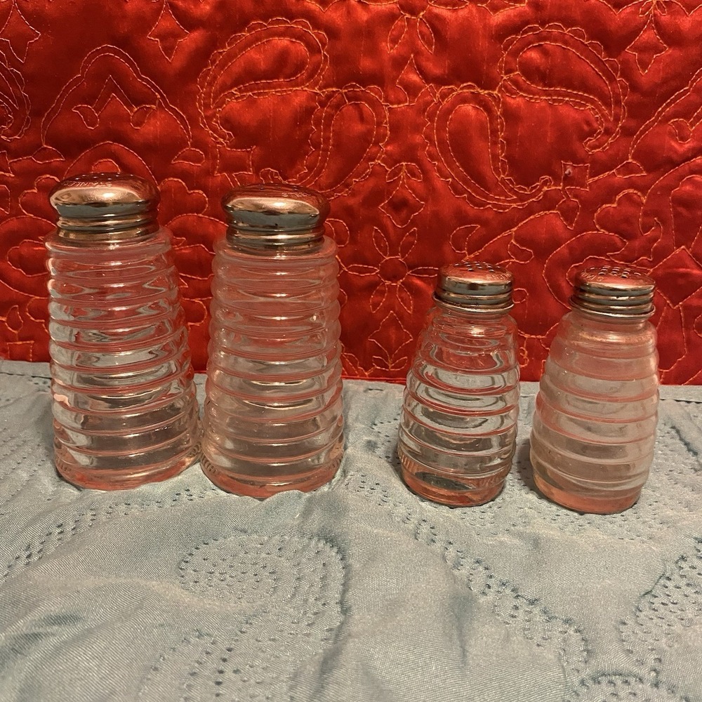 2 Sets VTG Beehive Clear Glass S/S Tops‎ Diner Salt & Pepper Shakers 4" & 3.25"